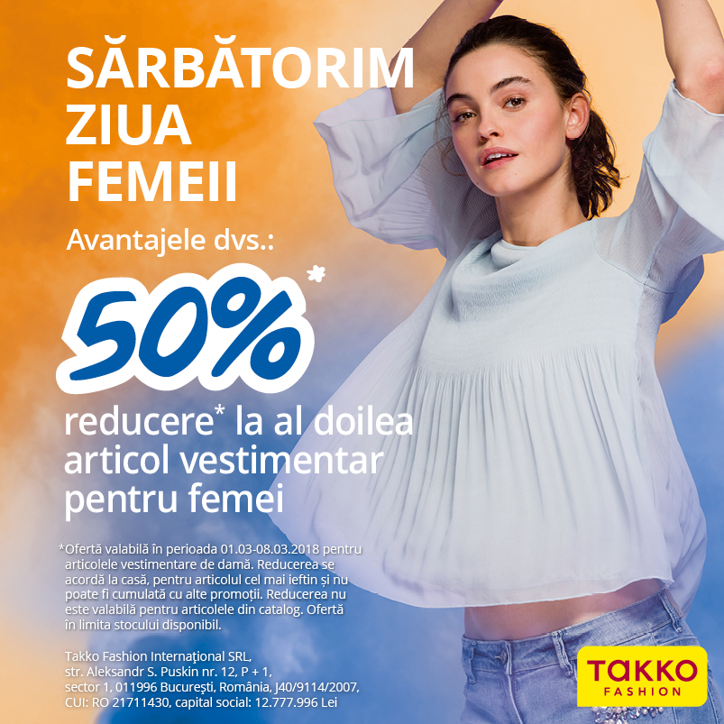 Takko Fashion – 50% reducere la al doilea articol vestimentar pentru femei, pana pe 8 martie